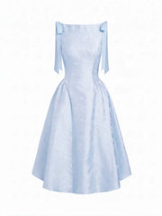 Jacquard Sculptural Boat Neck Bowknot Backless Flared Maxi Dress