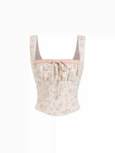 Floral Jacquard Square Neck Bowknot Lace up Crop Tank Blouse