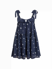 Cotton-blend Gingham Floral Graphic Bowknot Ruffled Tiered Oversized Babydoll Mini Dress