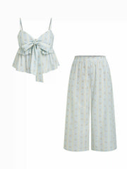 Cotton Floral Sweetheart Bowknot Cami Top & Mid-Rise Wide-Leg Loungewear Set Curve & Plus