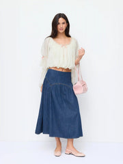 Washed Denim Mid Rise Ruched A-line Maxi Skirt