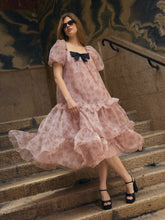 Floral Square Neck Puff Sleeve Bowknot Ruffled Tiered Babydoll Maxi Dress