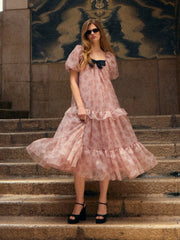 Floral Square Neck Puff Sleeve Bowknot Ruffled Tiered Babydoll Maxi Dress
