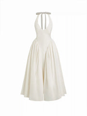 Sculptural Halter V-neck Draped Flared Maxi Dress