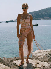Semi-sheer Low Rise Fruit Graphic Knotted Ruffle Hem Sarong