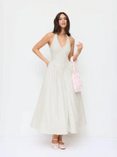 Sculptural Halter V-neck Draped Flared Maxi Dress