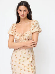 Satin Floral Sweetheart Puff Sleeve Ruched Lettuce Trim Mermaid Maxi Dress