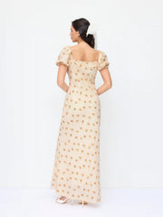 Satin Floral Sweetheart Puff Sleeve Ruched Lettuce Trim Mermaid Maxi Dress