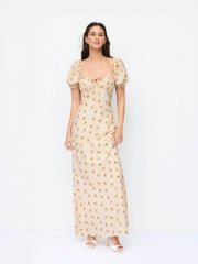 Satin Floral Sweetheart Puff Sleeve Ruched Lettuce Trim Mermaid Maxi Dress