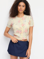 Knit Wool-blend Floral Puff Sleeve Cardigan
