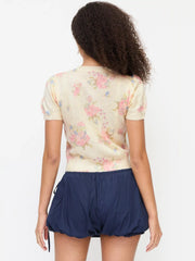 Knit Wool-blend Floral Puff Sleeve Cardigan
