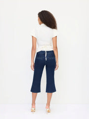 Stretch Denim Washed Mid Rise Metal Detail Flared Capri Jeans