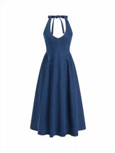 Stretch Denim Halter Neckline Washed A-line Maxi Dress