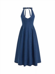Stretch Denim Halter Neckline Washed A-line Maxi Dress