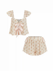 Cotton-blend Floral V-neck Bowknot Crop Top & Mid Rise Shorts Loungewear Set