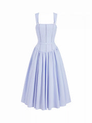 Square Neck Guipure Detail Low Rise Pleated A-line Maxi Dress