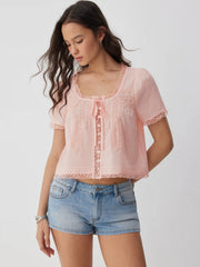 Cotton-blend Scoop Neckline Lace Trim Knotted Puff Sleeve Blouse
