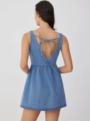 Denim V-neck Tie Back A-line Oversized Mini Dress