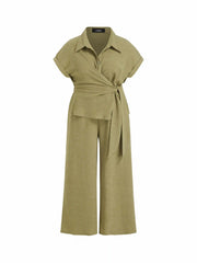 Textured Short Sleeve Draped Wide Leg Jumpsuit Curve & Plus