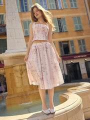 Textured Floral Square Neck Corset Top & Mid Rise Flared Midi Skirt Set