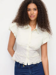 Cotton-blend Broderie Anglaise Puff Sleeve Scalloped Lace Trim Blouse