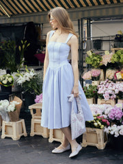 Square Neck Guipure Detail Low Rise Pleated A-line Maxi Dress