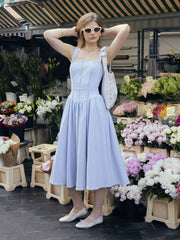 Square Neck Guipure Detail Low Rise Pleated A-line Maxi Dress
