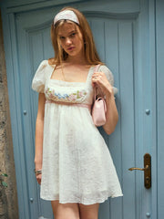 Textured Floral Embroidery Square Neck Puff Sleeve Milkmaid Mini Dress