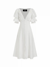 Broderie Anglaise Rose Floral V-neck Puff Sleeve Flared Midi Dress