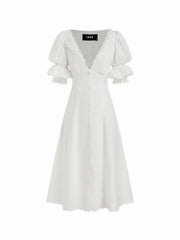Broderie Anglaise Rose Floral V-neck Puff Sleeve Flared Midi Dress