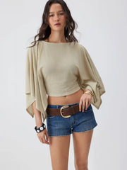 Textured Boat Neck Batwing Sleeve Asymmetrical Oversized Top