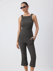 Textured Boat Neck Knotted Ruched Top & Mid Rise Capri Pants Set