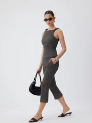 Textured Boat Neck Knotted Ruched Top & Mid Rise Capri Pants Set