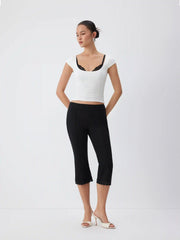 Cotton-blend Low Rise Lace Trim Flared Capri Trousers