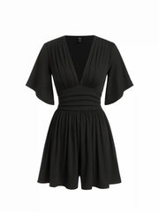 Textured V-neck Ruched Mid Rise Bell Sleeve Romper