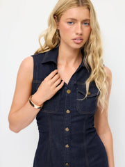 Stretch Denim Washed Metal Detail Shirt Mini Dress