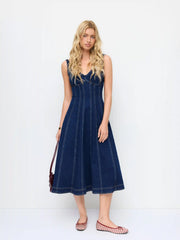 Stretch Denim V-neck Washed Pleated A-line Midi Dress