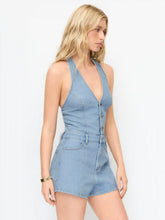 Denim Halter Neckline Washed Metal Detail Mid Rise Romper