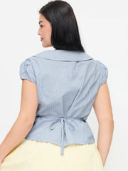 Cotton-blend Gingham Peter Pan Collar Puff Sleeve Knotted Blouse Curve & Plus