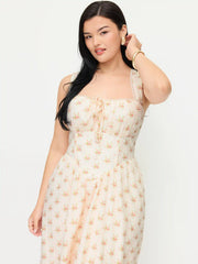 Cotton-blend Sculptural Halter Neckline Ditsy Floral Shirred Aline Midi Dresses Curve & Plus