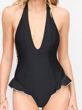 Halter V-neck Ruffle Hem Contrasting Binding One Piece Swimsuit