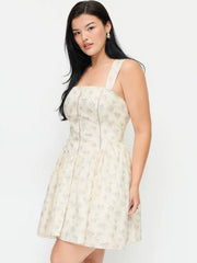 Cotton-blend Floral Square Neck Pleated Shirred A-line Mini Dress Curve & Plus