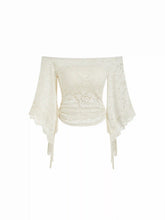 Lace Off-shoulder Bell Sleeve Ruched Ruffled Drawstring Top