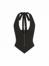 High Stretch Halter Neckline Chain Detail Asymmetrical Hem Crop Top
