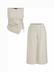Linen-blend Boat Neck Wrap Tie Top & Mid Rise Wide Leg Trousers Set Curve & Plus