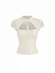 Floral Lace Stand Collar Cut Out Bowknot Short Sleeve Top