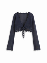 Knit Crochet Hollow Out Bell Sleeve Knotted Oversized Cardigan