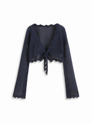 Knit Crochet Hollow Out Bell Sleeve Knotted Oversized Cardigan