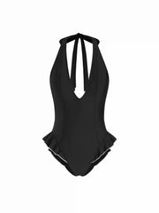 Halter V-neck Ruffle Hem Contrasting Binding One Piece Swimsuit