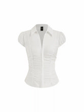 Cotton-blend Ruched Puff Sleeve Longline Blouse